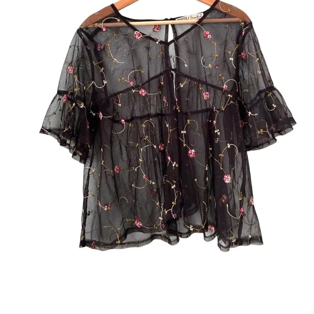 Gypsies & Moondust Black Sheer Mesh Floral Blouse in Size Large